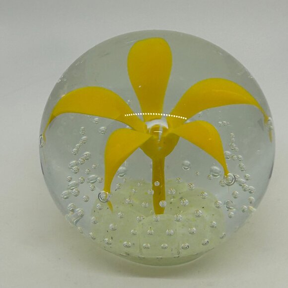 Wheaton Glass Controlled Bubble Paperweight With Yellow Flower Design - Picture 7 of 16